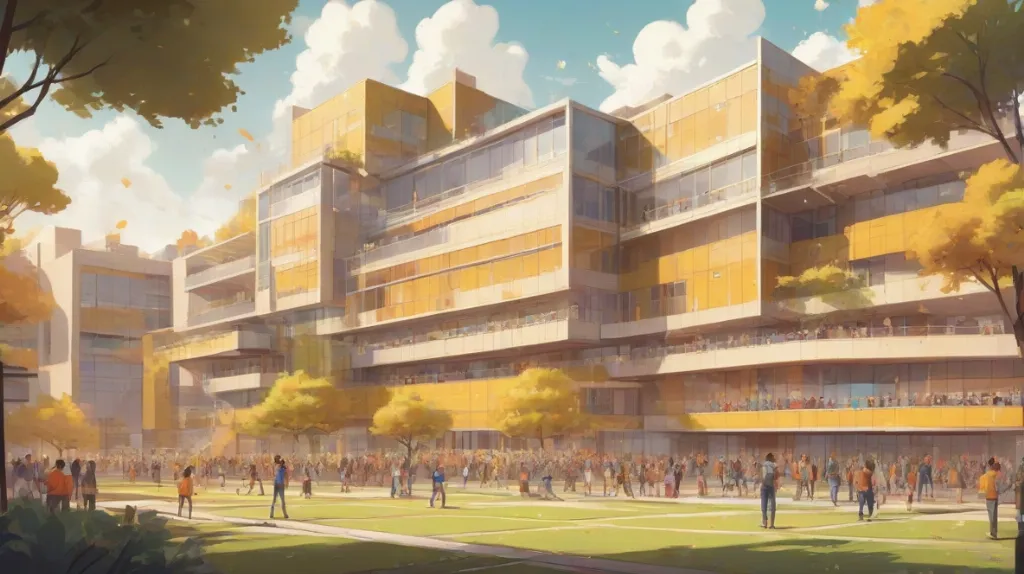 Ilustracja nowoczesnego liceum, z dużą, wyraźną fasadą budynku, która dominuje na pierwszym planie. Architektura jest współczesna, odzwierciedlająca europejskie otoczenie.