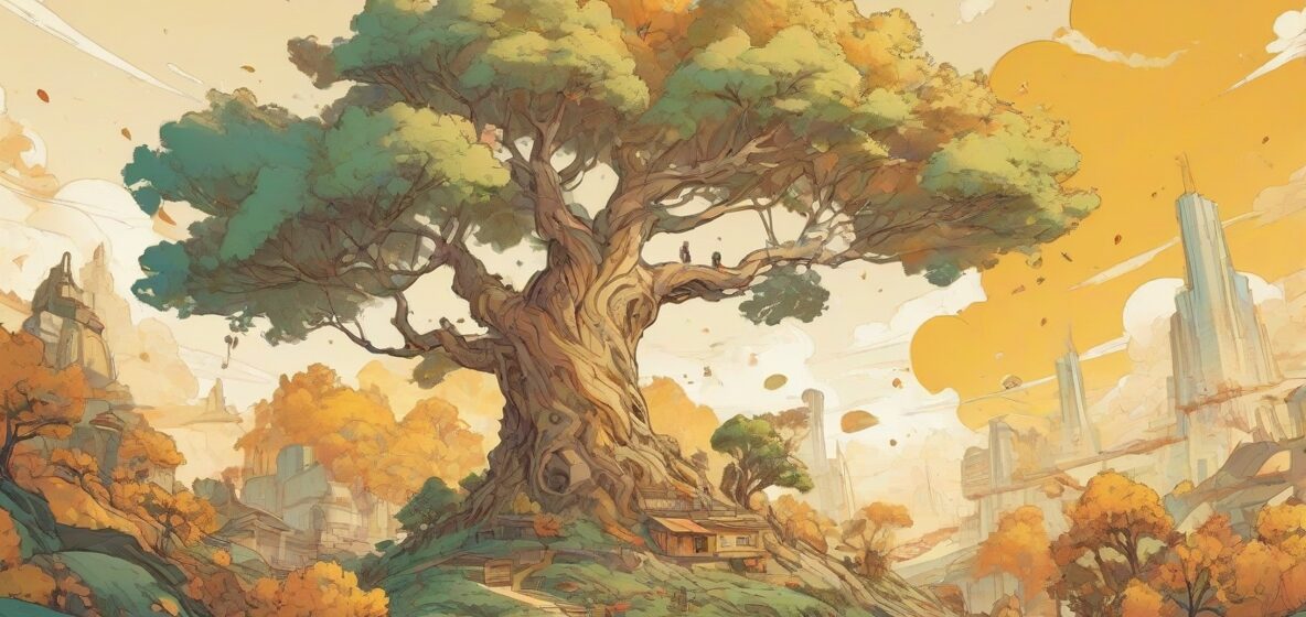 Ilustracja współczesnej interpretacji 'Rozrostu' jako koncepcji, skupiająca się na osobistym i zawodowym rozwoju, symbolizowana przez dynamiczny i rosnący wykres lub drzewo, wyraźnie widoczne na pierwszym planie.