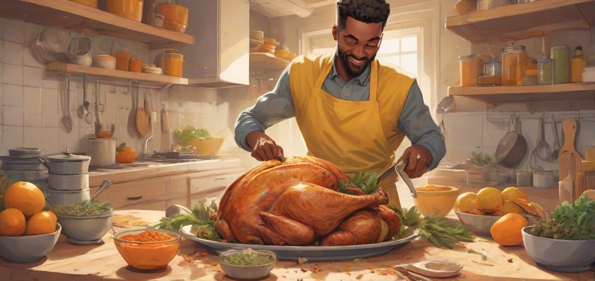 Ilustracja nowoczesnej kuchni, w której osoba faszeruje dużego indyka bogatą mieszanką ziół i przypraw. Skupienie na dłoniach zręcznie pracujących z farszem, ukazując teksturę i różnorodność składników.
