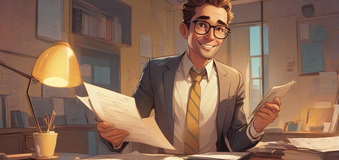 Ilustracja nowoczesnego radcy prawnego, profesjonalisty w garniturze, pewnie stojącego z dokumentami prawnymi w ręku, symbolizującego wiedzę i autorytet.