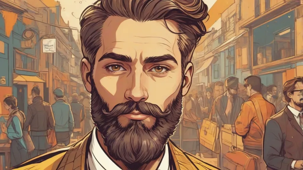 Ilustracja współczesnego mężczyzny z zadbanym zarostem, wyraźnie widocznym na pierwszym planie. Zarost jest wystylizowany i odzwierciedla współczesne europejskie trendy modowe.
