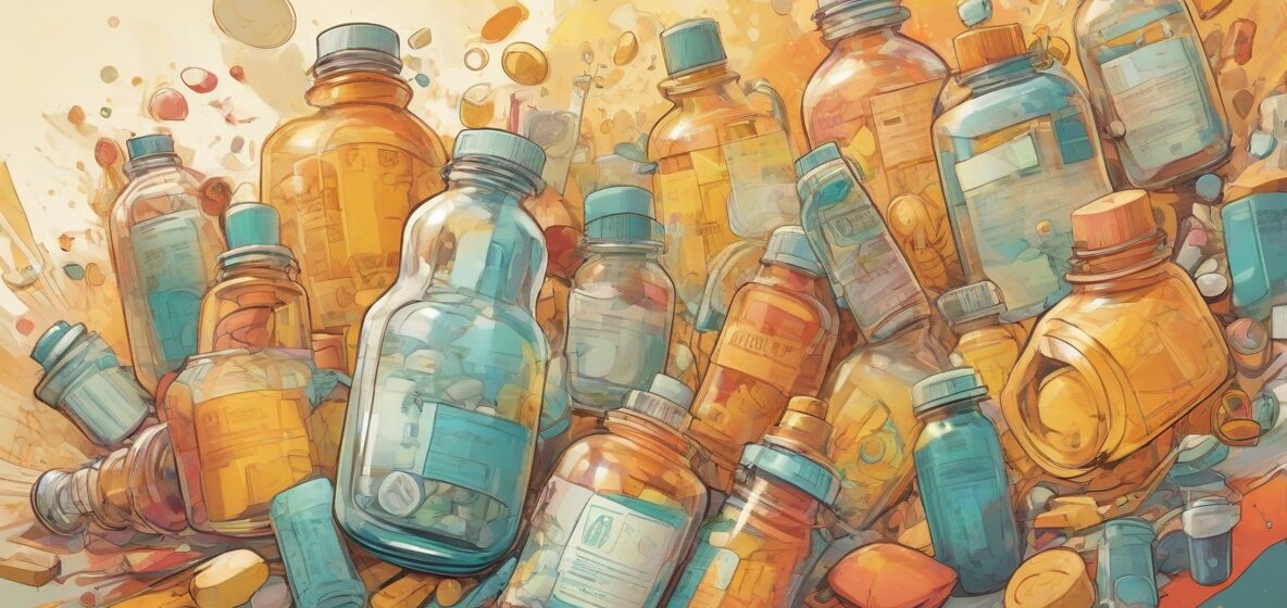 Ilustracja nowoczesnej butelki z lekiem wyraźnie widocznej na pierwszym planie, symbolizującej zdrowie i uzdrowienie. Butelka jest elegancka i współczesna, odzwierciedlając postępy w naukach medycznych.