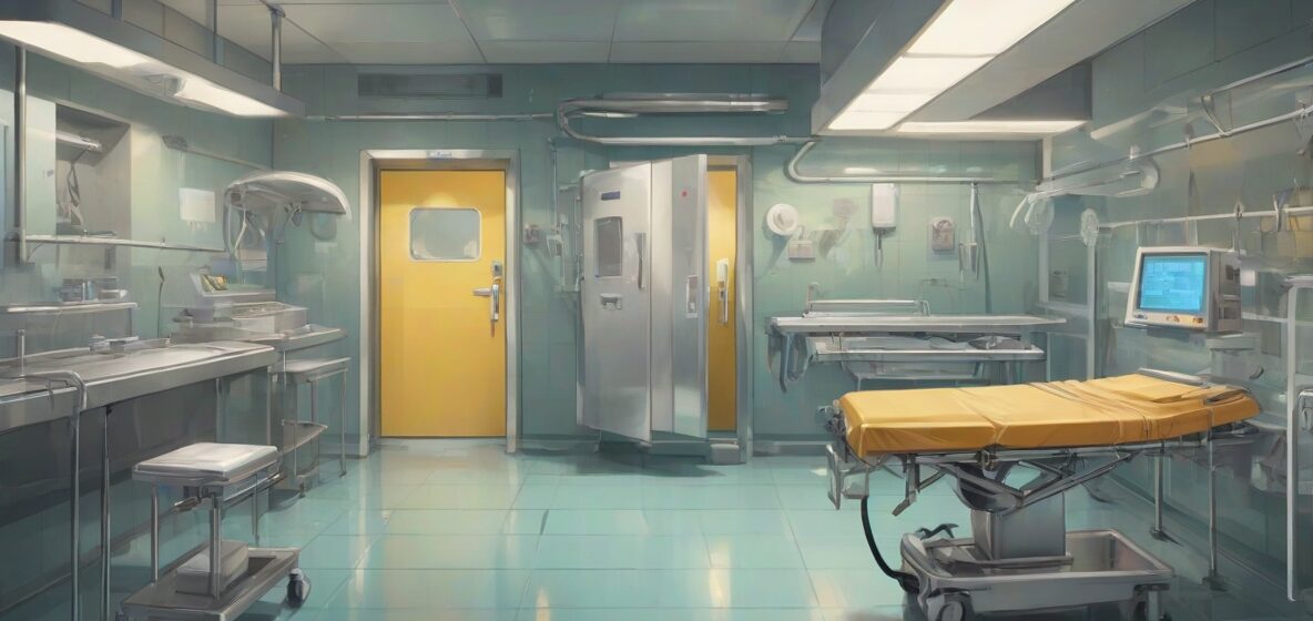 Ilustracja nowoczesnej kostnicy, z zimnym, sterylnym wnętrzem, wyposażona w stalowe urządzenia i jeden, wyraźny stół do badań na pierwszym planie.