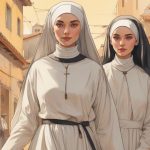 Ilustracja nowoczesnego stroju zakonnicy, kobieca postać na pierwszym planie, pełny habit dobrze widoczny, współczesny europejski styl, realistyczne detale, minimalistyczne tło.