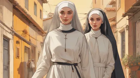Ilustracja nowoczesnego stroju zakonnicy, kobieca postać na pierwszym planie, pełny habit dobrze widoczny, współczesny europejski styl, realistyczne detale, minimalistyczne tło.
