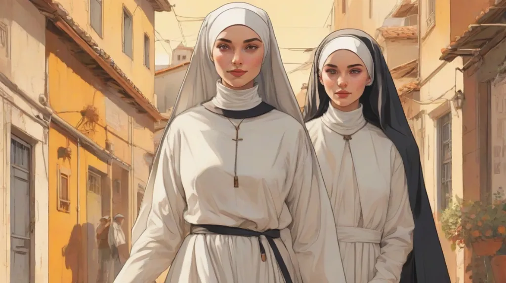 Ilustracja nowoczesnego stroju zakonnicy, kobieca postać na pierwszym planie, pełny habit dobrze widoczny, współczesny europejski styl, realistyczne detale, minimalistyczne tło.