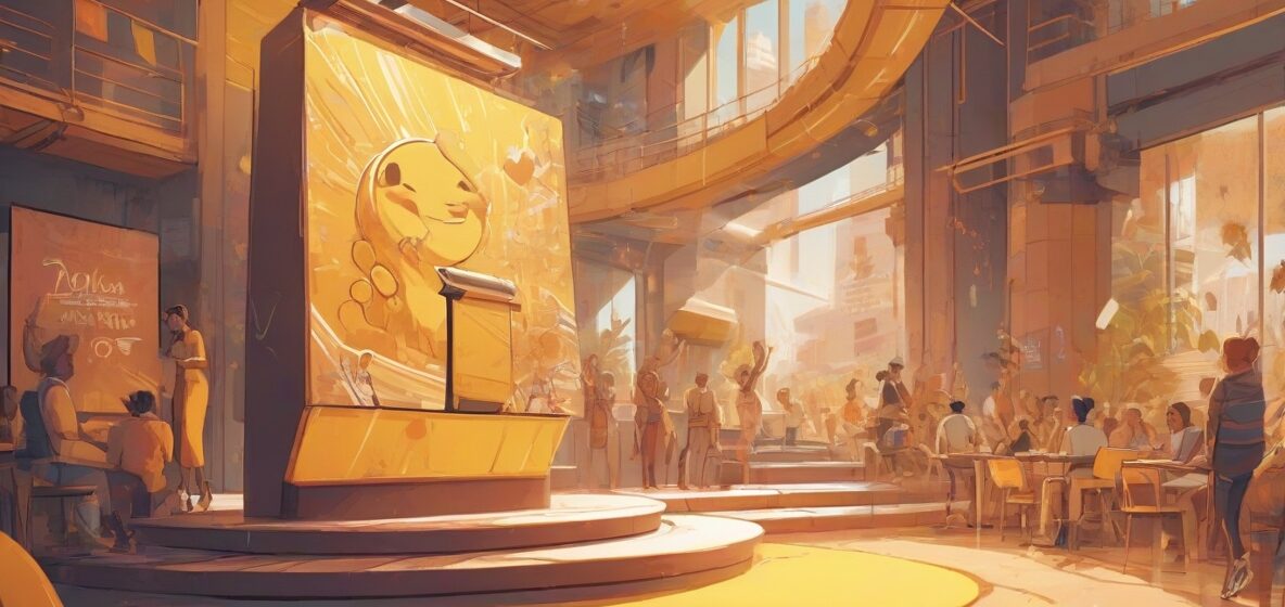 Ilustracja nowoczesnej trybuny, wyraźnie widocznej na pierwszym planie. Jest osadzona w współczesnym europejskim kontekście, symbolizując miejsce do przemówień publicznych i wyrażania siebie.