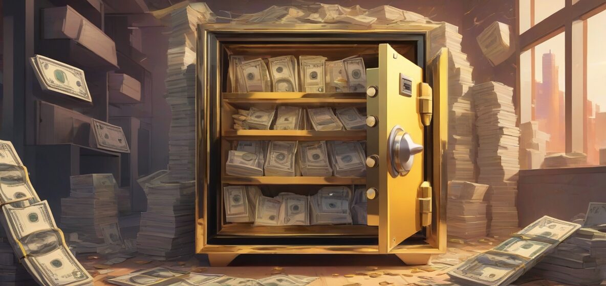 Ilustracja nowoczesnego sejfu, wyraźnie widocznego na pierwszym planie. Sejf jest lekko otwarty, ukazując stosy pieniędzy i cennych przedmiotów w środku. Sceneria jest współczesna, z eleganckim, metalicznym wykończeniem odbijającym światło.