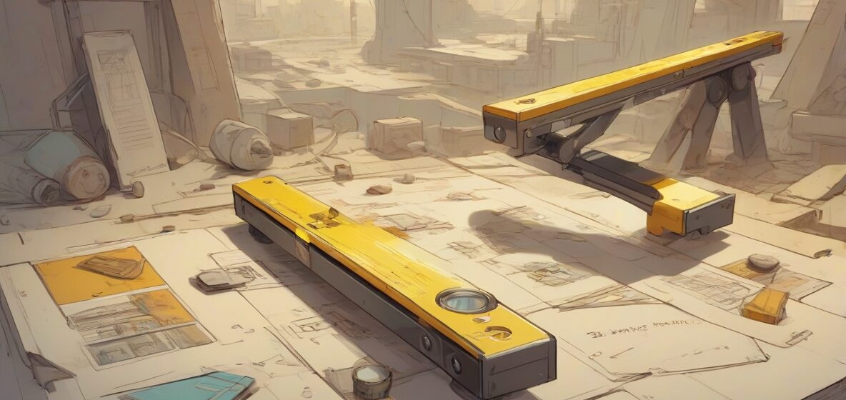 Ilustracja nowoczesnej poziomicy, wyeksponowanej na pierwszym planie, podkreślająca jej elegancki design i precyzję. Narzędzie jest ustawione na neutralnym tle, aby podkreślić jego znaczenie w osiąganiu równowagi i dokładności.