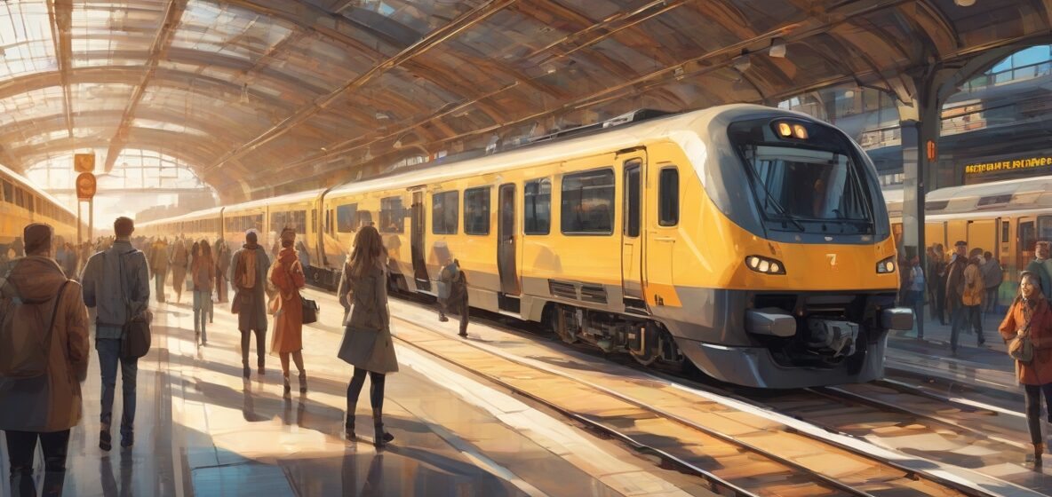 Ilustracja nowoczesnego pociągu odjeżdżającego z tętniącej życiem europejskiej stacji, z pociągiem wyraźnie na pierwszym planie.