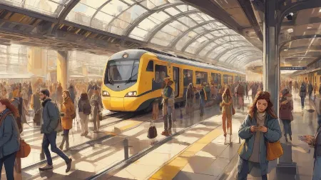 Ilustracja nowoczesnego peronu kolejowego w Europie, tętniącego życiem ludzi. Peron jest dobrze oświetlony i charakteryzuje się eleganckimi, współczesnymi elementami designu. Skupienie na samym peronie, ukazując jego architektoniczne detale i dynamiczną atmosferę ludzi przychodzących i odchodzących.