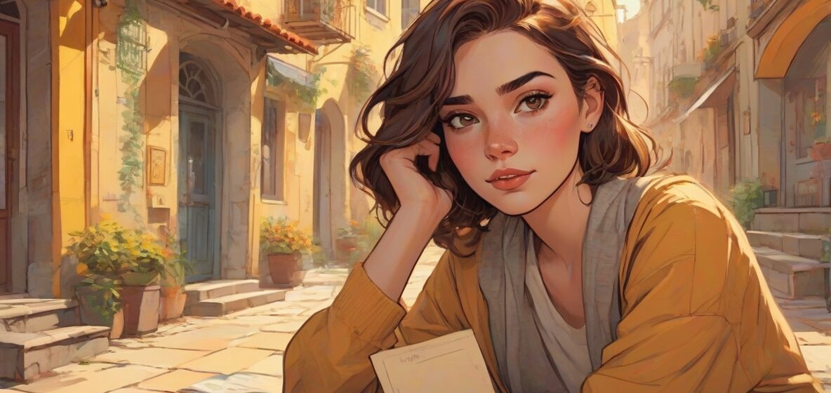 Ilustracja współczesnej kobiety w europejskim otoczeniu, głęboko zanurzonej w swoich myślach i emocjach, oddająca istotę współczesnych uczuć.