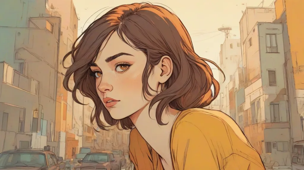 Ilustracja przedstawiająca nowoczesną młodą europejską kobietę na pierwszym planie, wyraźnie widoczną i dominującą w kadrze, z silnym, introspektywnym wyrazem twarzy symbolizującym odmowę stania się kimś innym, współczesny styl, minimalistyczne tło.