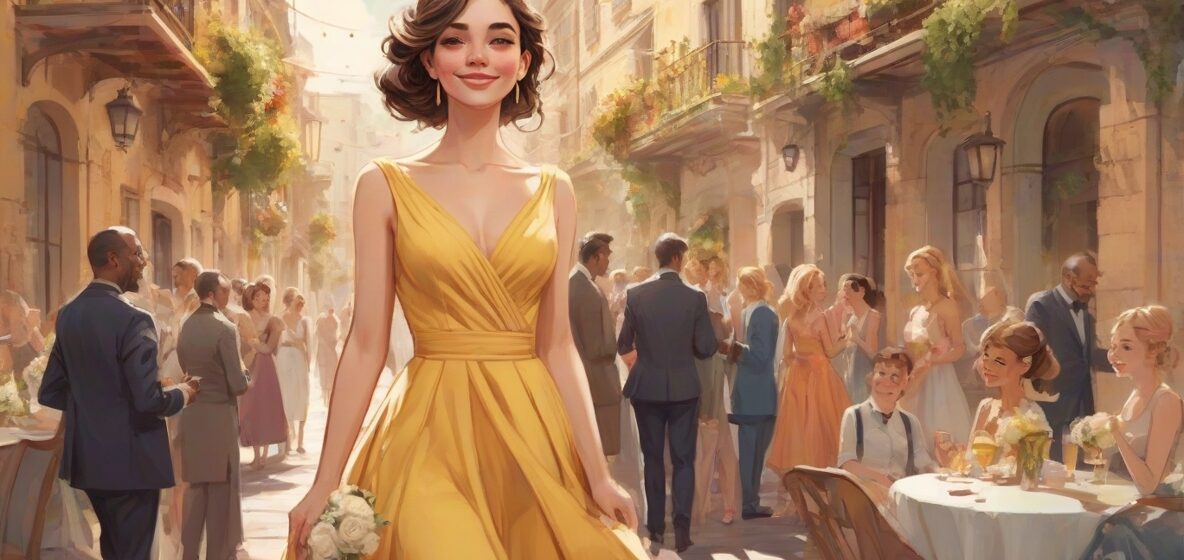 Ilustracja współczesnej druhny w europejskim otoczeniu. Jest elegancko ubrana, stoi wyraźnie na pierwszym planie, emanując poczuciem towarzystwa i wsparcia.