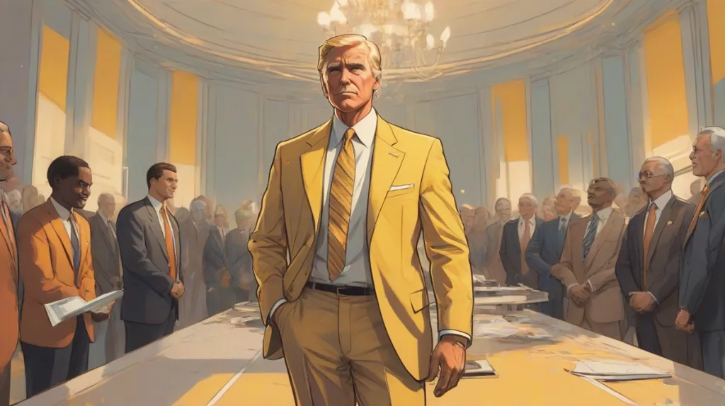 Ilustracja współczesnego prezydenta stojącego pewnie przy mównicy, wygłaszającego przemówienie. Prezydent jest elegancko ubrany w formalny garnitur, z zdeterminowanym wyrazem twarzy, reprezentując przywództwo i autorytet. Skupienie na prezydencie, zajmującym większość kadru.