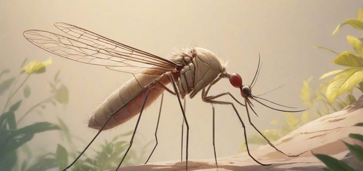 Ilustracja komara wyraźnie na pierwszym planie, ukazująca jego delikatne skrzydła i smukłe ciało, na neutralnym tle, aby podkreślić jego obecność.