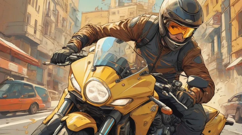 Ilustracja motocyklisty we współczesnej Europie, zajmującego większą część kadru, z wyraźnie widocznym motocyklistą.