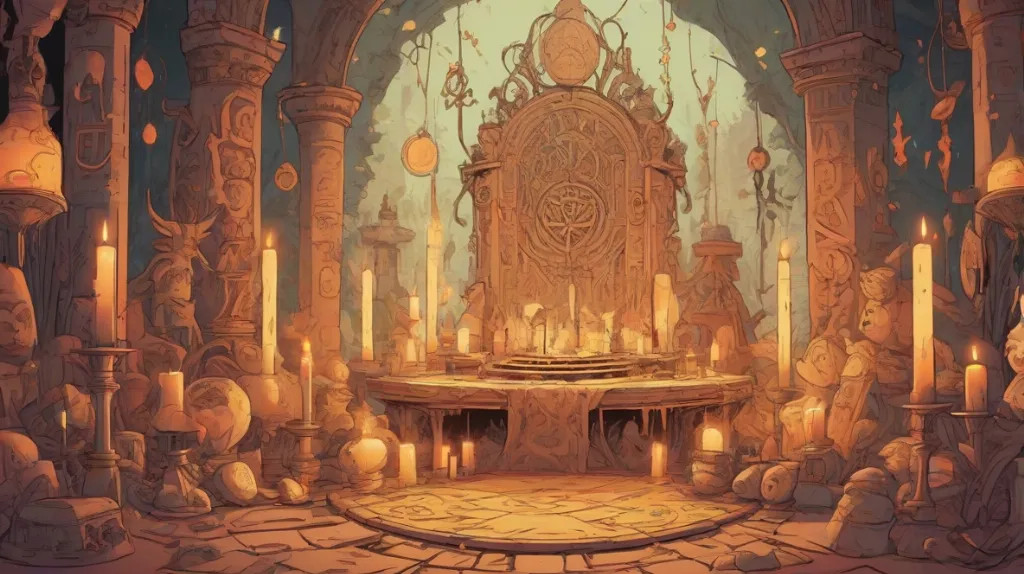 Ilustracja mistycznego rytuału z tajemniczą atmosferą. Scena jest zdominowana przez symbole starożytnej magii, takie jak runy i świece, tworząc enigmatyczny i intrygujący nastrój.