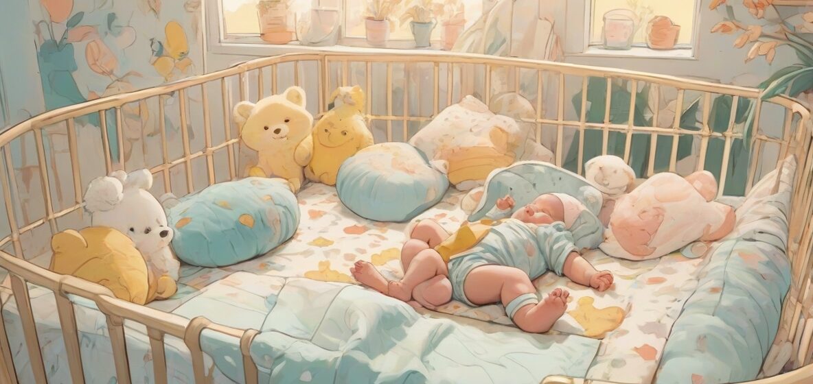 Ilustracja noworodka w nowoczesnym europejskim otoczeniu, leżącego w przytulnym łóżeczku w otoczeniu miękkich pastelowych kolorów. Dziecko jest w centrum uwagi, symbolizując nowe początki i cud życia.
