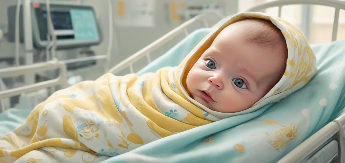 Ilustracja noworodka owiniętego w miękki kocyk, w nowoczesnym europejskim szpitalu. Dziecko jest w centrum uwagi, z widocznym spokojnym wyrazem twarzy i drobnymi rysami.