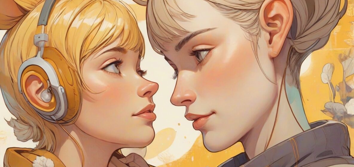 Ilustracja pary ludzkich uszu, wyraźnie widocznych na pierwszym planie, podkreślająca ich kształt i szczegóły. Uszy powinny być głównym elementem obrazu, oddającym istotę słuchania i wrażliwości.