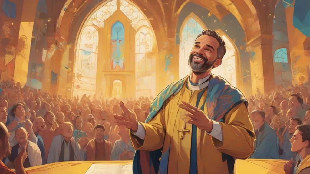 Ilustracja pastora na pierwszym planie, wyraźnie widocznego, reprezentującego duchowe przewodnictwo i autorytet we współczesnym europejskim kontekście.
