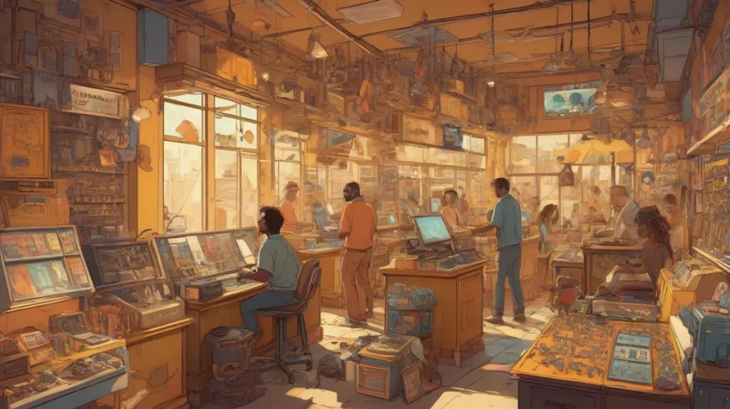 Ilustracja lombardu z różnorodnymi przedmiotami, takimi jak biżuteria, elektronika i instrumenty muzyczne, wyraźnie wyeksponowane. Sklep tętni życiem, uchwycając istotę współczesnych transakcji i wymian.