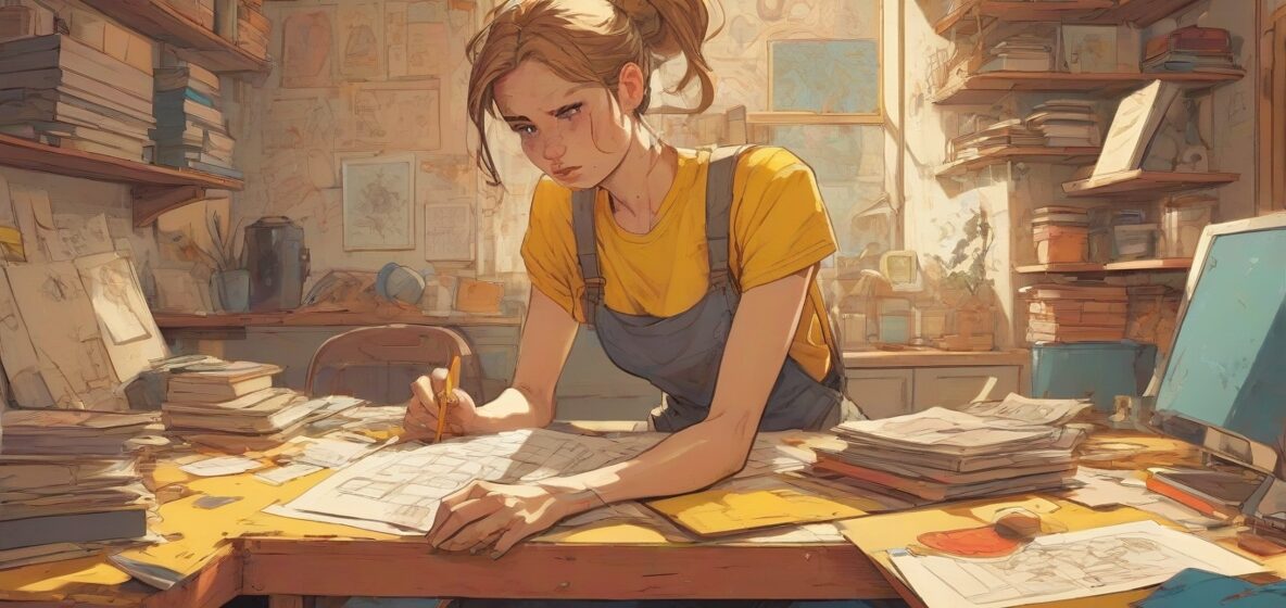 Ilustracja osoby głęboko skupionej na zadaniu, z determinacją na twarzy, symbolizująca obsesję lub intensywne zaangażowanie. Osoba znajduje się we współczesnym otoczeniu, odzwierciedlającym nowoczesny kontekst Europy.