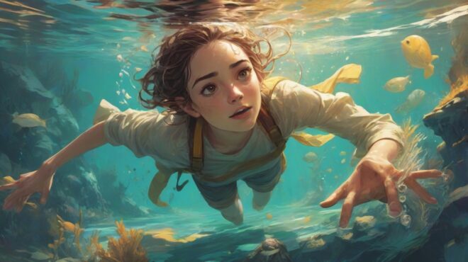 Ilustracja przedstawiająca osobę znikającą pod wodą, z postacią wyraźnie na pierwszym planie. Scena uchwyca moment zanurzenia, podkreślając intensywne emocje związane z tym działaniem.