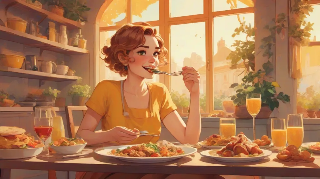 Ilustracja przedstawiająca osobę jedzącą nowoczesny europejski posiłek, z naciskiem na jedzenie, które zajmuje większość kadru. Sceneria jest współczesna, odzwierciedlająca aktualną kulturę kulinarną Europy.