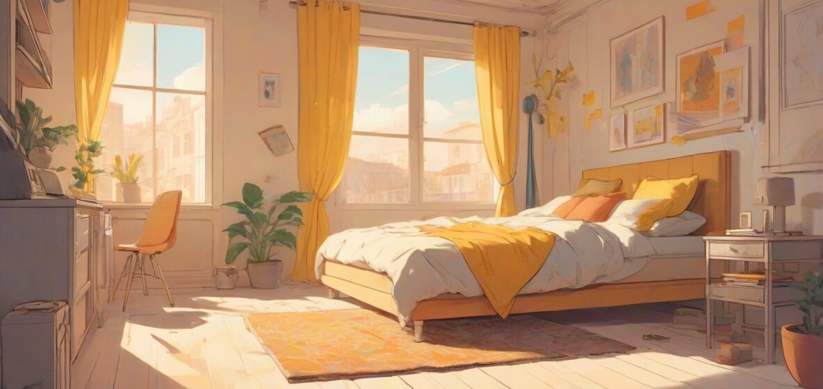 Ilustracja osoby zasypiającej w nowoczesnej europejskiej sypialni, z dużym, wygodnym łóżkiem dominującym w scenie. Pokój jest delikatnie oświetlony, tworząc spokojną i kojącą atmosferę.