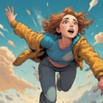 Ilustracja osoby spadającej przez niebo, z wyrazem zaskoczenia i strachu na twarzy. Osoba jest ubrana we współczesne ubrania, a niebo jest jasnoniebieskie, co podkreśla wrażenie spadania. Osoba jest głównym elementem obrazu, zajmującym większość kadru.