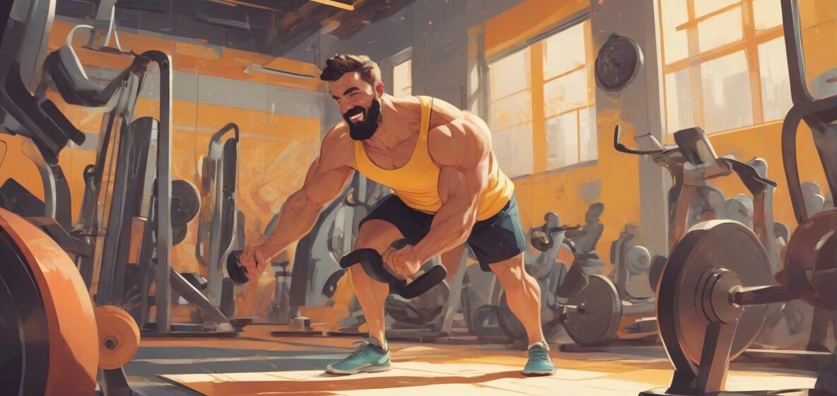 Ilustracja osoby w nowoczesnej siłowni, Europa, ćwiczącej z determinacją i skupieniem, pokazującej swoją kondycję fizyczną. Osoba jest na pierwszym planie, dobrze widoczna, zajmując większą część kadru.