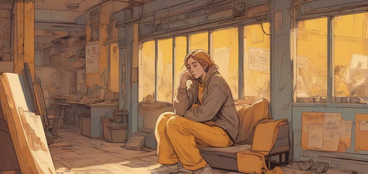 Ilustracja osoby we współczesnym europejskim otoczeniu, wykazującej oznaki apatii. Osoba jest głównym punktem, z pustym wyrazem twarzy i zgarbioną postawą, odzwierciedlającą emocjonalne wyczerpanie i brak motywacji.