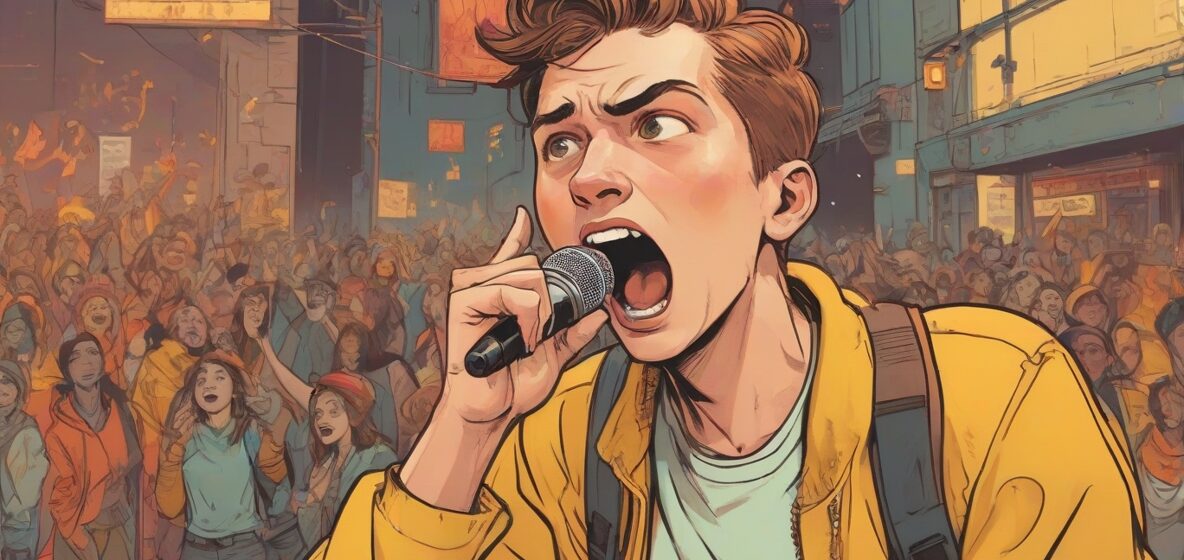 Ilustracja osoby znanej jako 'Krzykacz', stojącej wyraźnie na pierwszym planie, przyciągającej uwagę swoją wokalną intensywnością i ekspresyjnym zachowaniem, symbolizująca potrzebę bycia usłyszanym lub ostrzeżenie przed zbliżającym się niebezpieczeństwem.