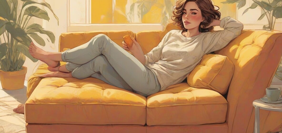 Ilustracja osoby relaksującej się na nowoczesnej europejskiej sofie, z pogodnym wyrazem twarzy, ucieleśniająca współczesny relaks.