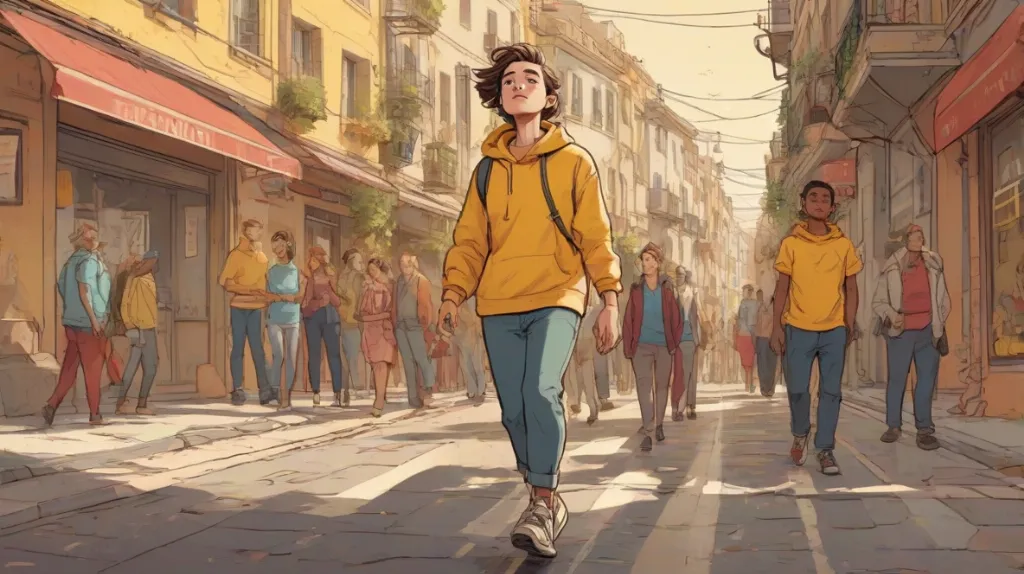 Ilustracja osoby maszerującej pewnie po nowoczesnej europejskiej ulicy, ubranej we współczesne ubrania. Osoba znajduje się na pierwszym planie, pokazując determinację i skupienie.