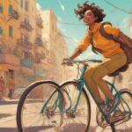 Ilustracja osoby jadącej na rowerze, oddająca istotę wolności i ruchu. Rower jest wyraźnie widoczny, symbolizując niezależność i podróż. Sceneria jest współczesna, odzwierciedlająca nowoczesny styl życia i aspiracje.