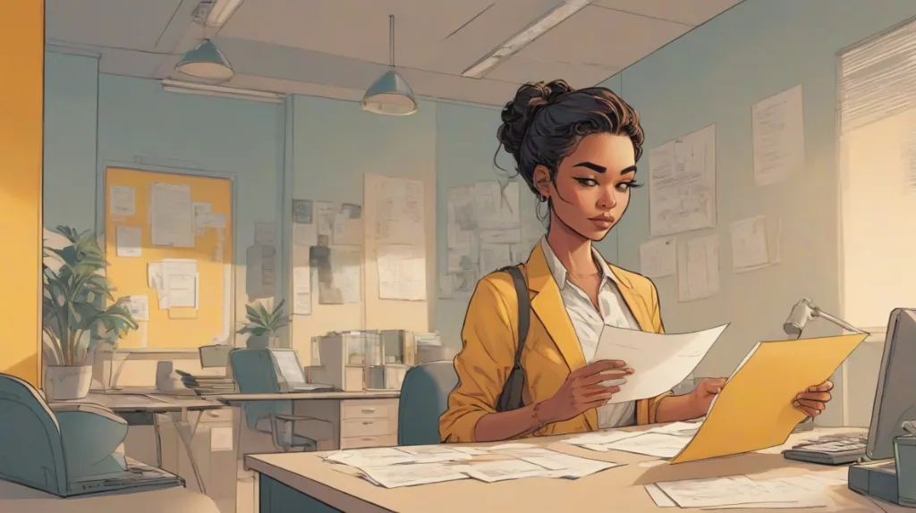 Ilustracja osoby stojącej w biurowym otoczeniu, trzymającej list z rezygnacją. Osoba wydaje się spokojna i zdecydowana, symbolizując decyzję o odejściu z pracy. Skupienie na osobie i liście wyraźnie widocznym w jej ręce.