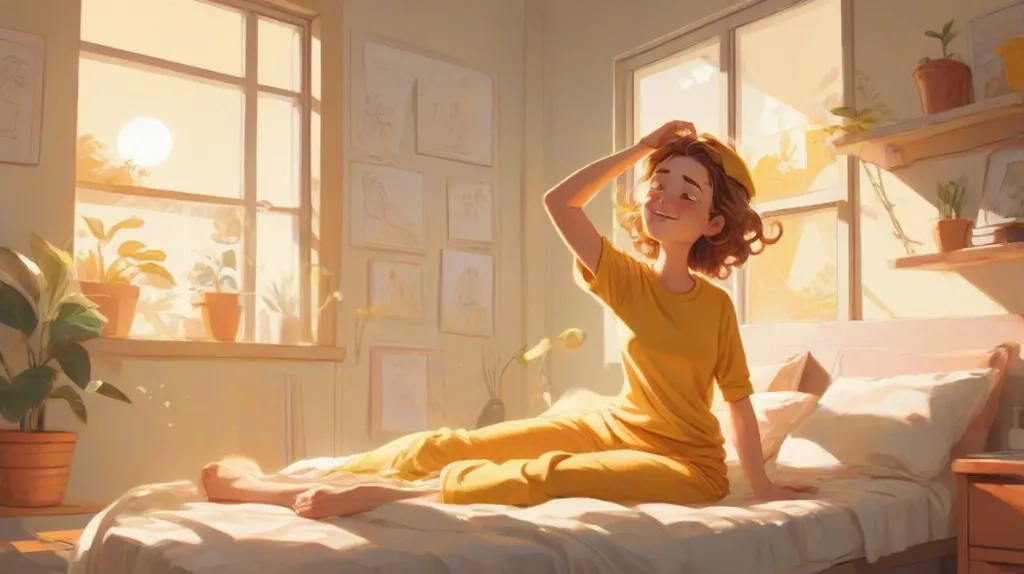 Ilustracja osoby budzącej się rano, rozciągającej ramiona z promieniami słońca wpadającymi przez okno, symbolizująca nowy początek i świeży start.