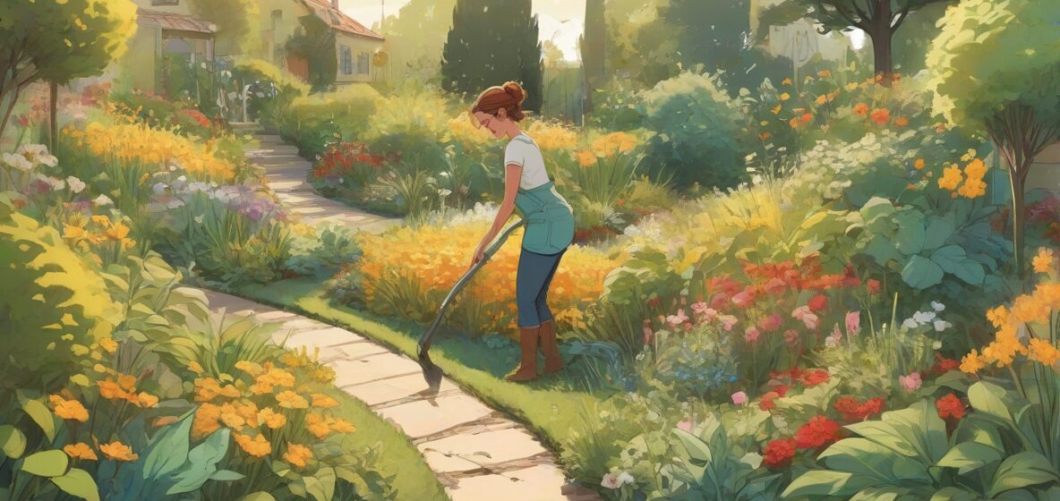 Ilustracja osoby pielącej ogród, skupiająca się na akcie usuwania chwastów. Scena rozgrywa się w nowoczesnym europejskim ogrodzie, pokazując skrupulatny proces oczyszczania z niechcianych roślin.