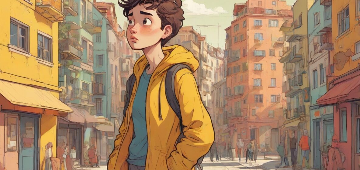 Ilustracja osoby z zdezorientowanym wyrazem twarzy, stojącej w nowoczesnym europejskim mieście. Osoba jest na pierwszym planie, z wyrazem niepewności i zakłopotania.
