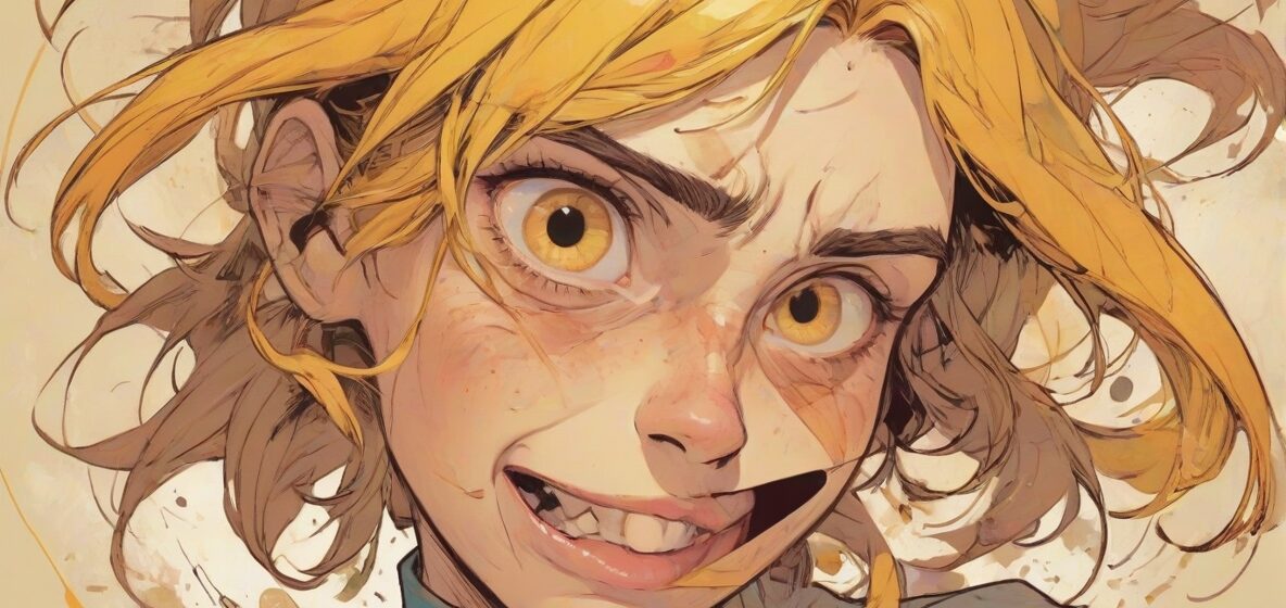 Ilustracja osoby z wyrazem odrazy na twarzy, wyraźnie widoczna na pierwszym planie, pokazująca emocje silnego wstrętu. Twarz jest wykrzywiona, brwi zmarszczone, a usta lekko otwarte w grymasie. Tło jest proste, aby skupić uwagę na wyrazie twarzy osoby.