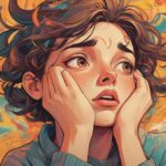 Ilustracja osoby z zaniepokojonym wyrazem twarzy, trzymającej się za głowę, otoczonej wirującymi myślami i abstrakcyjnymi kształtami symbolizującymi niepokój. Skupienie na twarzy osoby, uchwycenie istoty narastającego niepokoju.