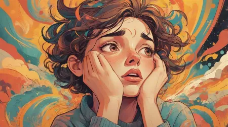 Ilustracja osoby z zaniepokojonym wyrazem twarzy, trzymającej się za głowę, otoczonej wirującymi myślami i abstrakcyjnymi kształtami symbolizującymi niepokój. Skupienie na twarzy osoby, uchwycenie istoty narastającego niepokoju.