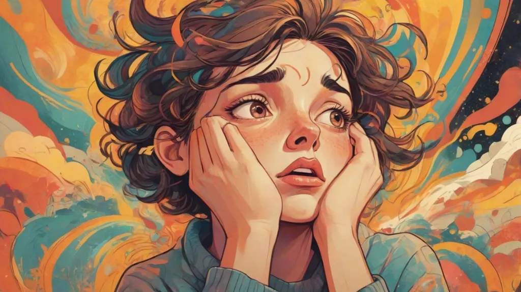 Ilustracja osoby z zaniepokojonym wyrazem twarzy, trzymającej się za głowę, otoczonej wirującymi myślami i abstrakcyjnymi kształtami symbolizującymi niepokój. Skupienie na twarzy osoby, uchwycenie istoty narastającego niepokoju.