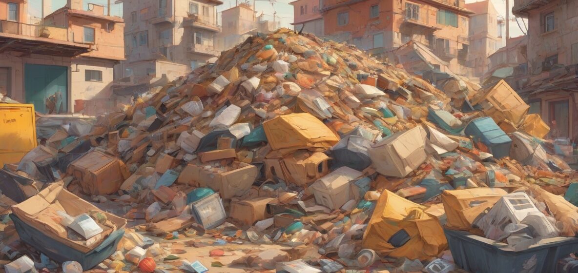 Ilustracja stosu śmieci w współczesnym europejskim otoczeniu, z różnymi rodzajami odpadów wyraźnie widocznymi, zajmującymi większość pierwszego planu.