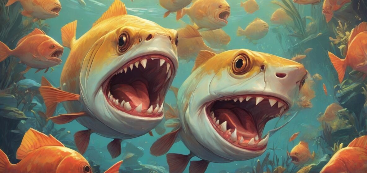 Ilustracja piranii, wyraźnie widoczna na pierwszym planie, ukazująca jej ostre zęby i groźny wyraz. Pirania jest głównym elementem, oddającym jej agresywną naturę.