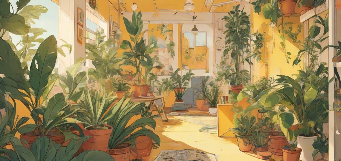 Ilustracja rośliny na pierwszym planie, wyraźnie widoczna i zajmująca większość przestrzeni, z nowoczesnym kontekstem.