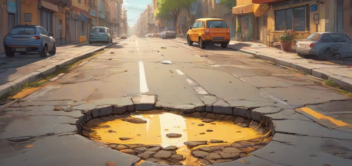 Ilustracja przedstawiająca wyboj na europejskiej drodze, symbolizujący życiowe przeszkody. Wyboj jest wyraźnie widoczny na pierwszym planie, przyciągając uwagę swoją głębokością i nieregularnym kształtem.